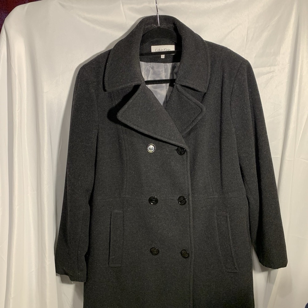 Calvin Klein Coat Womens 1X Black Wool Blend‎ Double Breasted Pea coat VTG